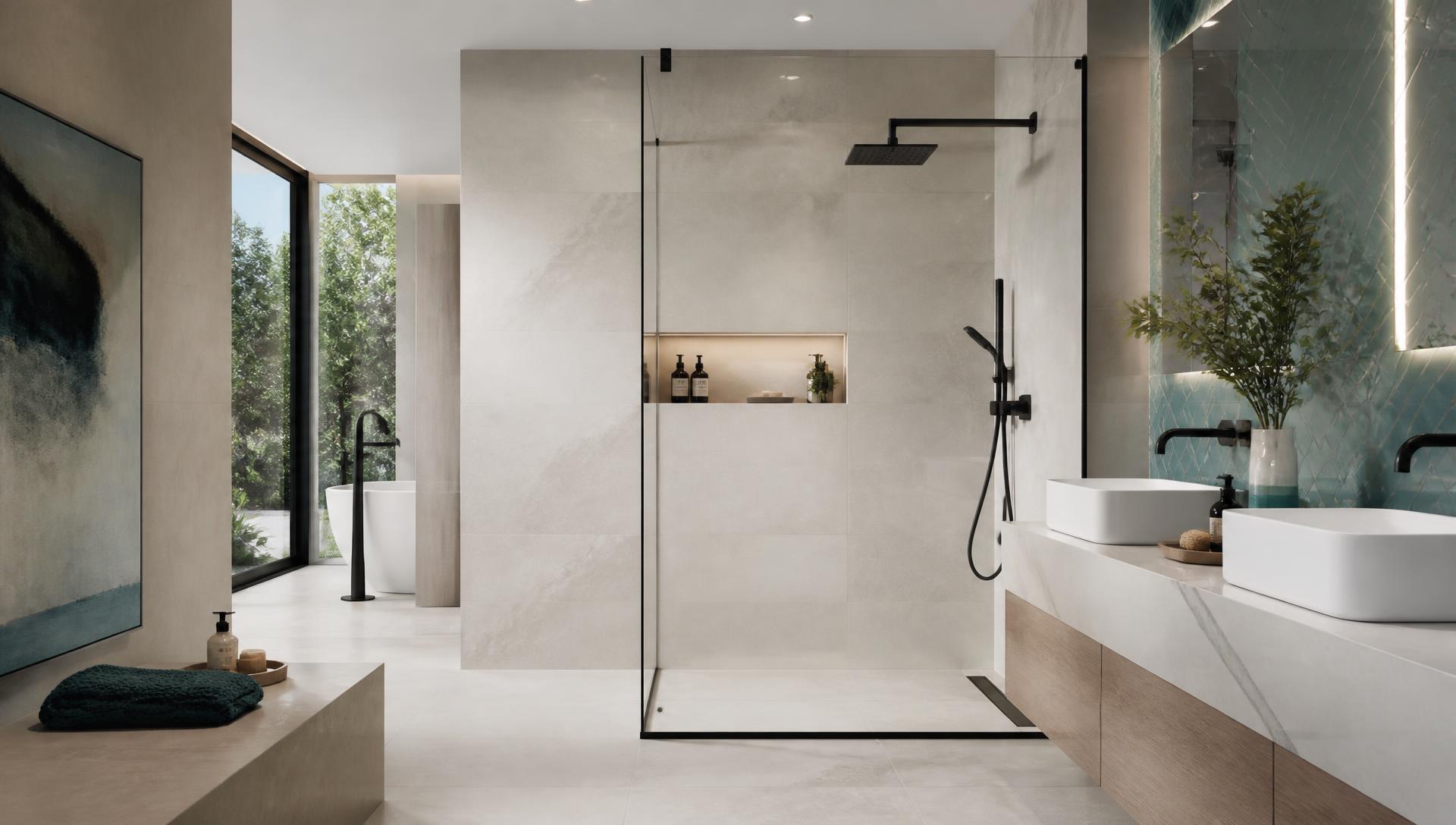 Modern bathroom showroom display with walk-in shower and stone tiles
